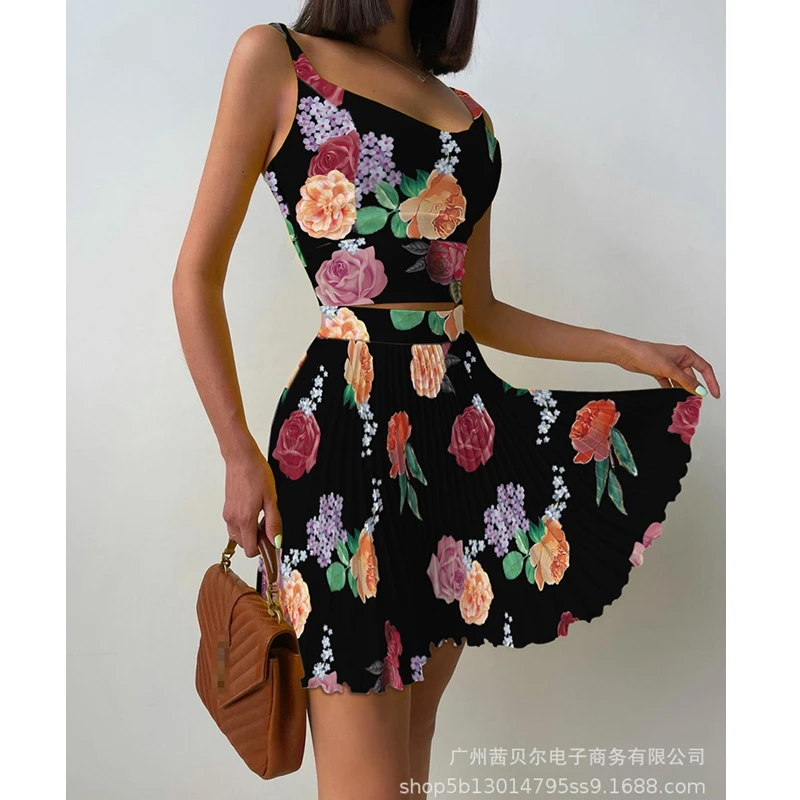 

Mandylandy Women's Casual O-Neck Sleeveless Vest + High Waist Pleated Skirt Suit Summer Sexy Solid Color Floral Print Slim Suit