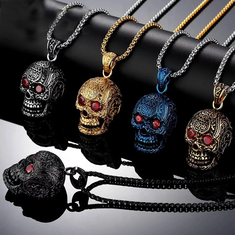 Ожерелье с подвеской в виде черепа красными глазами для мужчин из нержавеющей