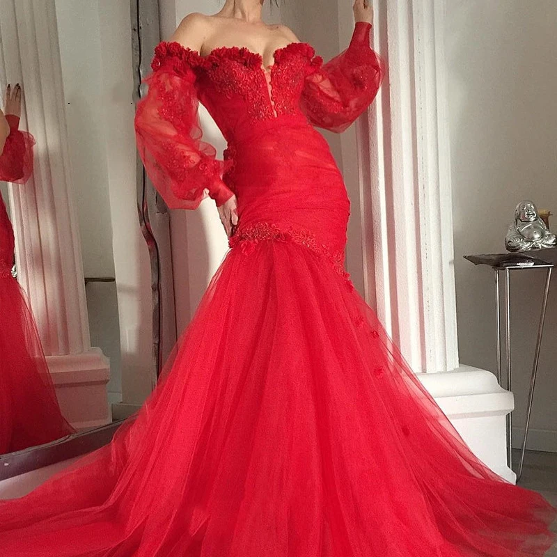 Вечерние платья Русалочки 2020 с открытыми плечами аппликацией из фатина красные