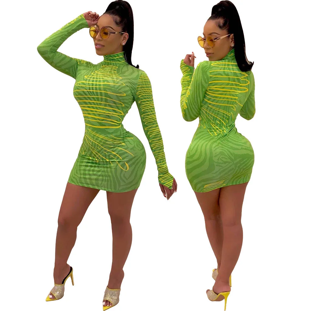 

2019 Autumn Printed Sexy Fashion Mini Dress Women Long Sleeve Hot Party Bodycon Dresses Skinny Slim Female Clubwear New