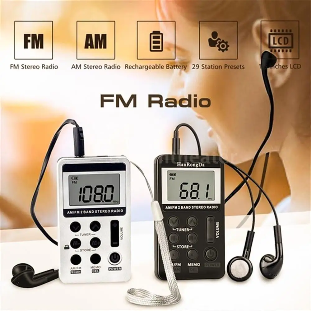 

HanRongDa HRD-103 AM FM Digital Radio 2 Band Stereo Receiver Portable Mini Radio Pocket Radios with Headphones 1.5in LCD Screen