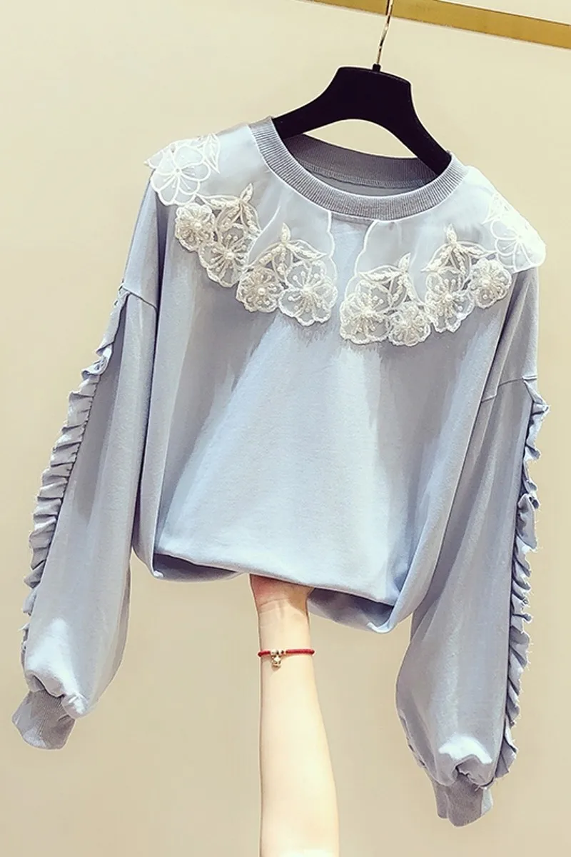 

2020 New Spring Autumn Women Sweatshirts Beaded Mesh Peter Pan Collar Solid Color Long Sleeve Casual Students Hoodies and Top