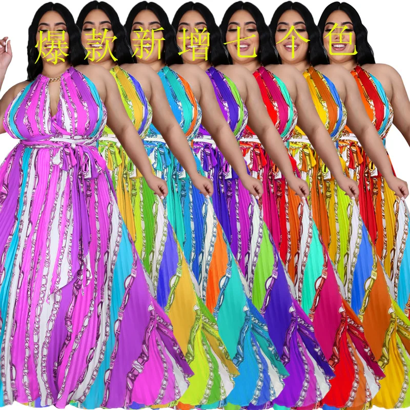 Размера плюс модное платье размера цепи хит Цвет принтом пляжное Лето Новый
