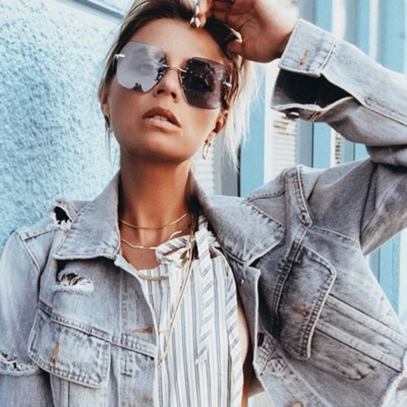 

nauq retro polygon rimless sunglasses women 2020 new luxury brand metal frame glasses female red blue orange grey sun glasses