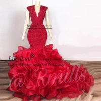 dark red cascading ruffles prom dresses mermaid lace beaded organza v neck evening gowns cocktail party dresses robes de soir%c3%a9e