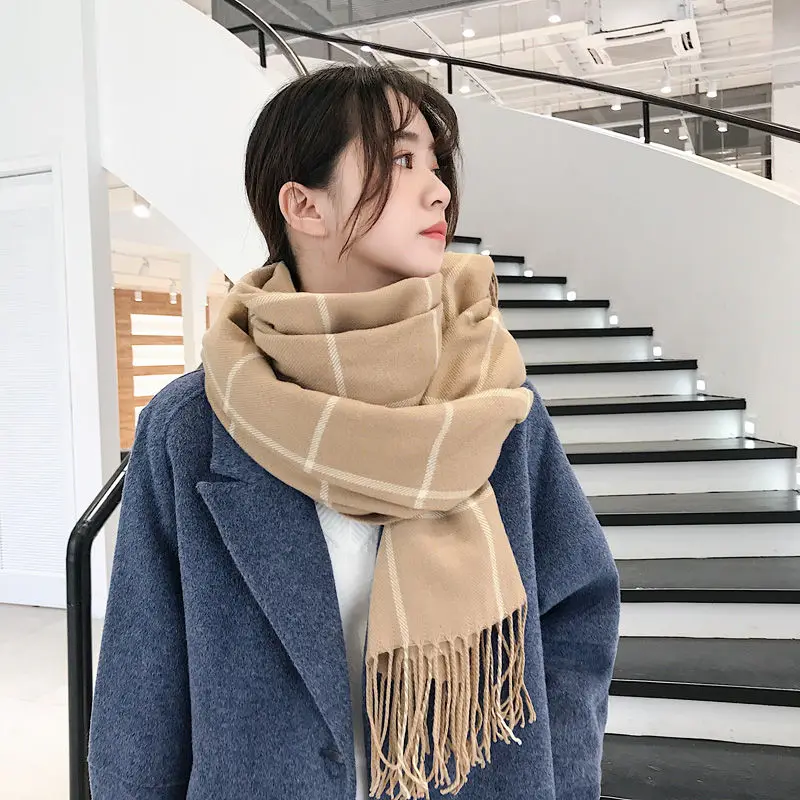 

Scarf Female Winter Korean Knitting New Large Plaid Wool Warmth Thick Tassel Wild Couple Scarf