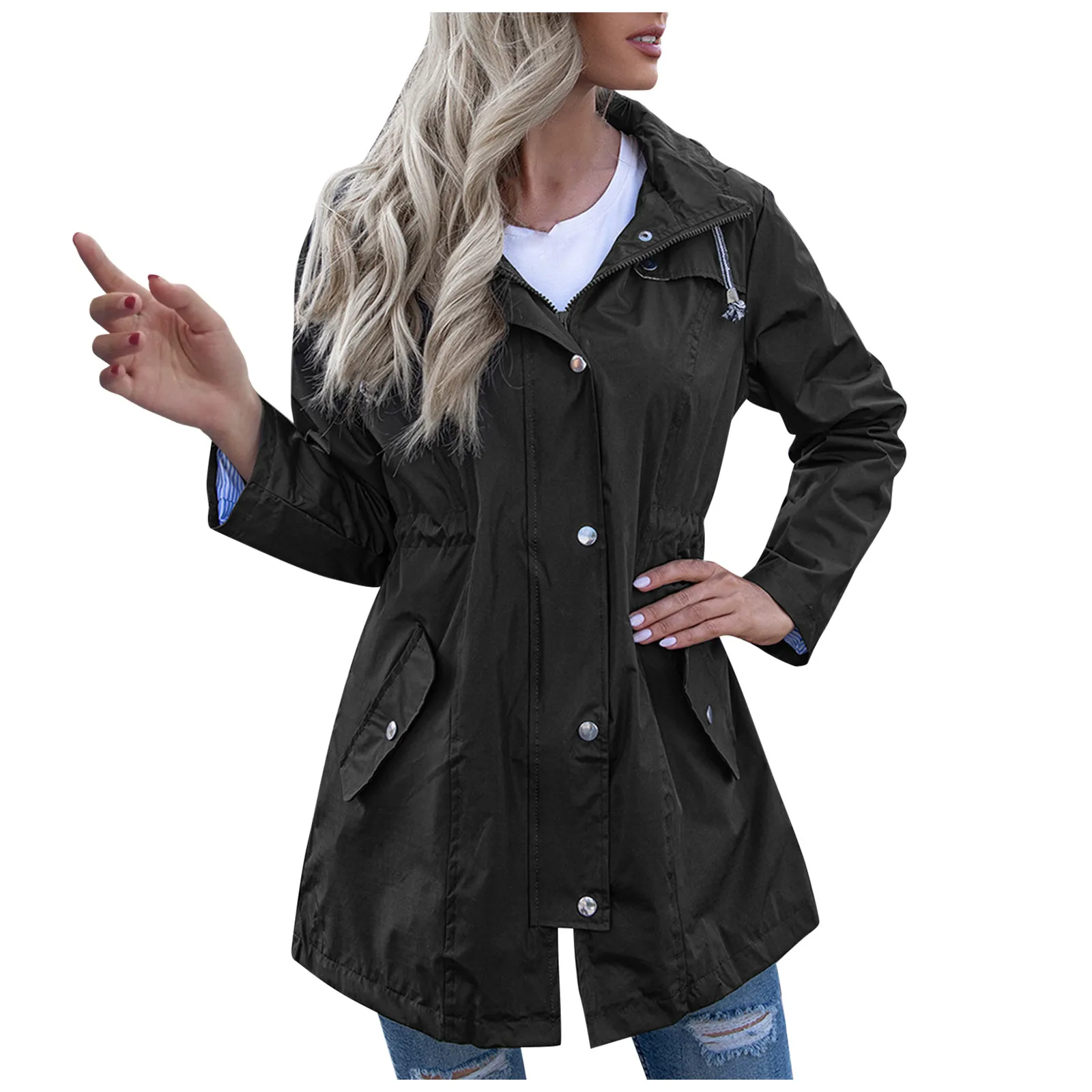 

Women Hooded Rainproof Waist Jacket Zipper Raincoat Winter Slim Long Pocket Button Fashion Causal Raincoat Coat Jacket