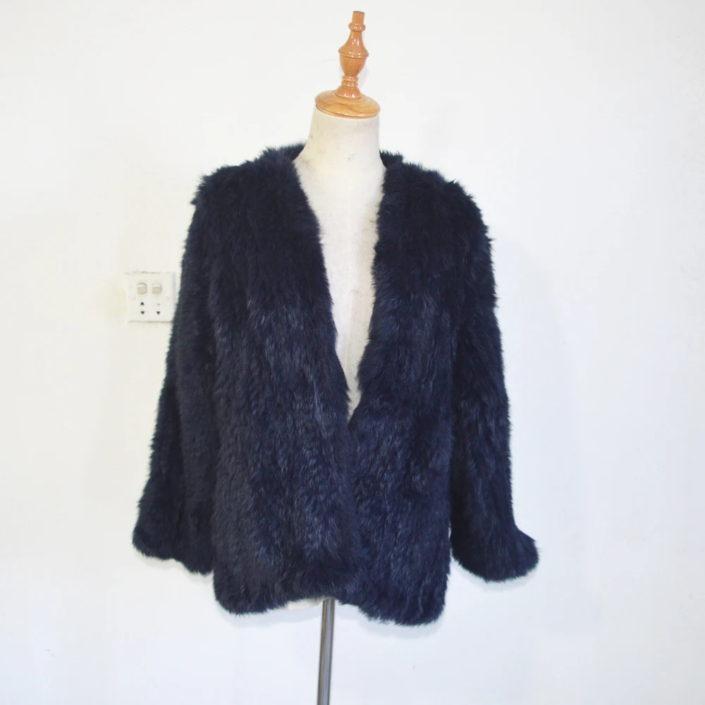 SJ412 темно синяя трикотажная Шуба с кроличьим мехом 1*1 Осень зима 2019|knitted fur jackets|knitted