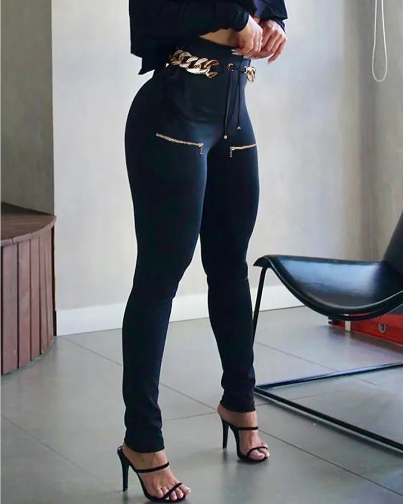 

Tights Women's Fashion Pants High Waist Chain Eyelet Drawstring Zipper Tights 2021 Autumn New Casual Pants Women's Wear