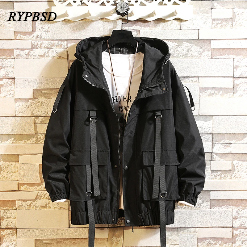 Куртка-бомбер мужская с капюшоном, уличная одежда в Корейском стиле, винтажная свободная ветровка в стиле Харадзюку, черная, весна 2021