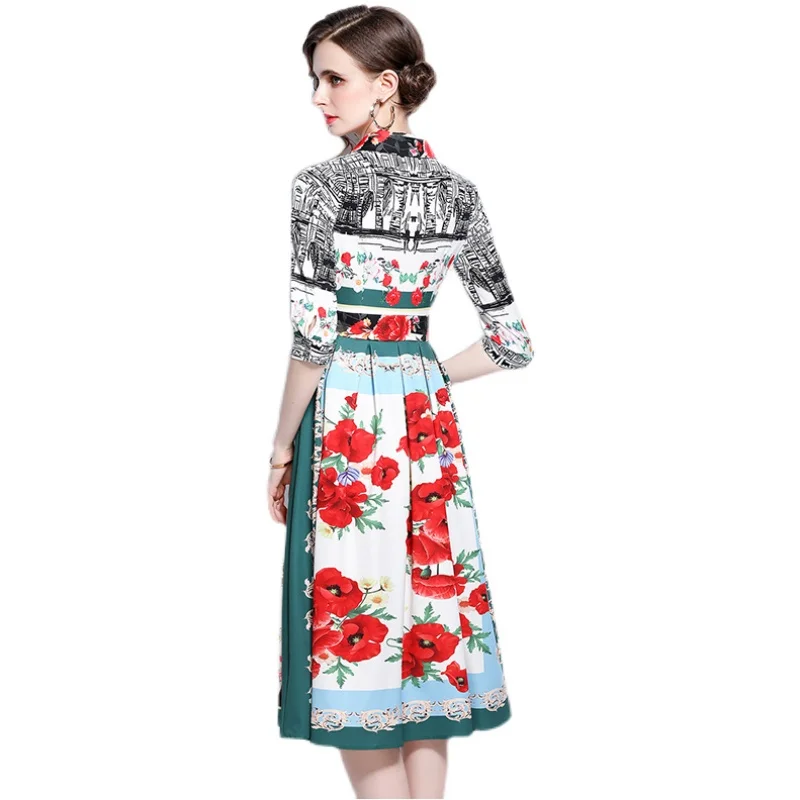 

Banulin Summer Floral Printed Elegant Vintage Shirt Dress Women Short Sleeve Shirt Collar Pleated Midi Vestidos Slim Robe N66432