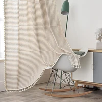 tasseled striped curtains cotton linen semi blackout window curtains for bedroom beige curtains livingroom sheer valance curtain