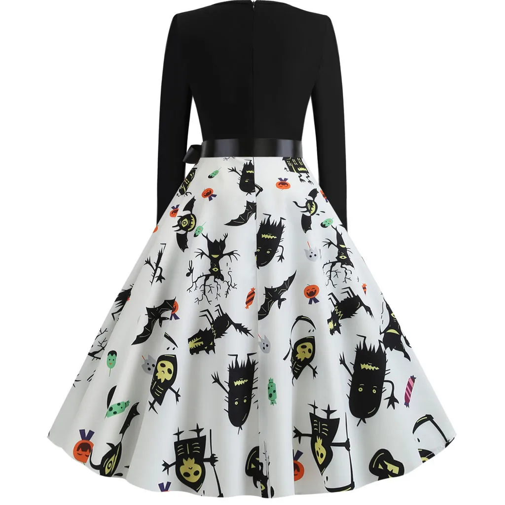 ghost Print Dress Women 2019 Halloween Vintage Long Sleeve 50s 60s Housewife Black and white Draped Evening Party DressF817 | Женская