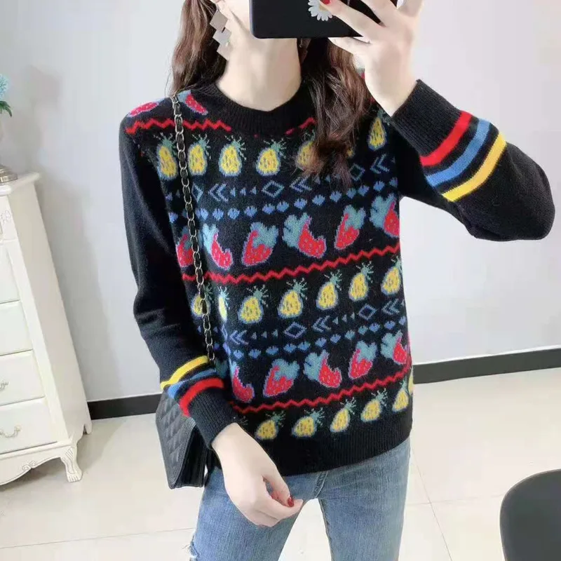 

New Spring Autumn Long Sleeve Knit Sweater Women Stripe Strawberry Pear Fruit Print Sweet Elegant Casual Pullover Vintage Tops