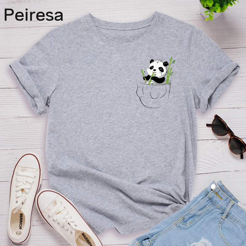 

Women Graphic Panda Pockets Print Summer Cotton Shirt Casual Fashion Short Sleeve Female Clothes Tops Tees Tshirt T-Shirt