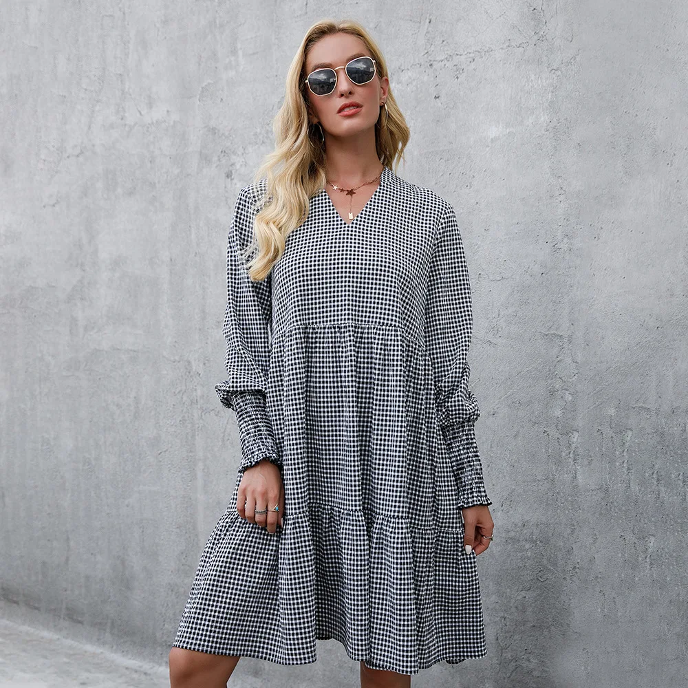 

COIGARSAM Women Dress Autumn 2021 Office Lady Sexy Print Full Sleeve Plaid Loose V-Neck Blue Black Dresses Traf Robe Vestidos