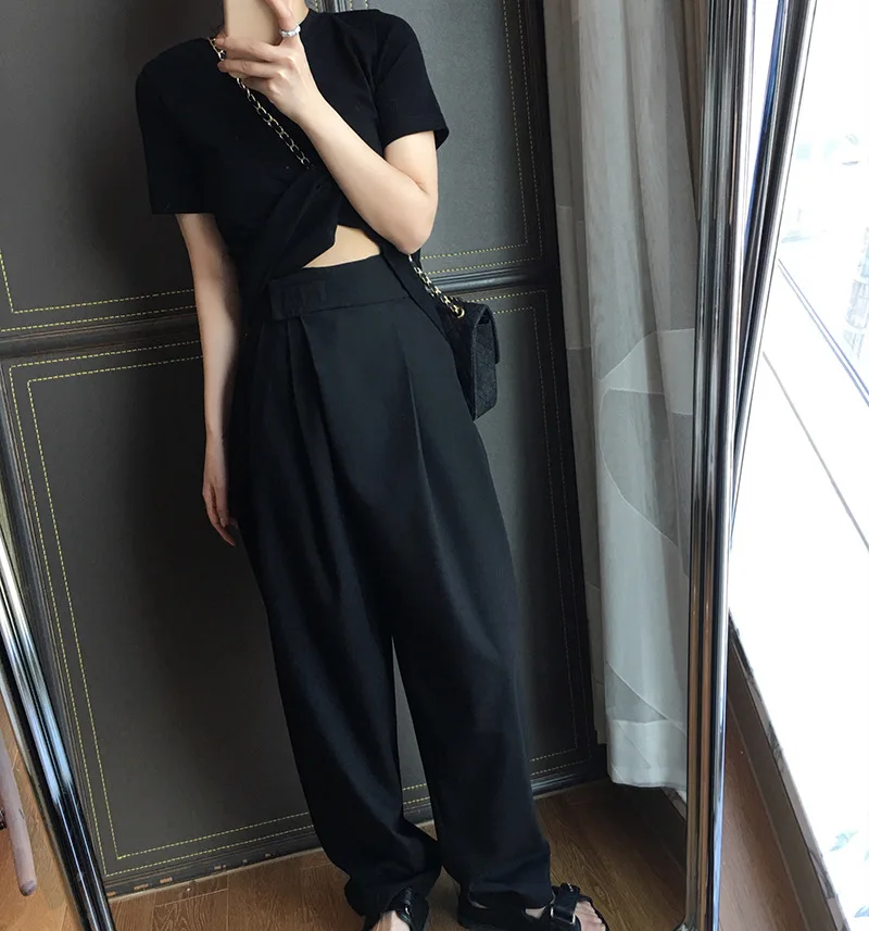 

2021 Spring New Women Wide Leg Long Pants Velcro High Waist Straight Pants Women's Korean Loose Casual Slim Pants