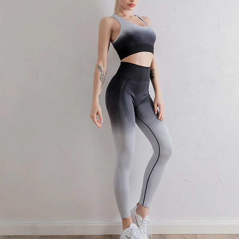 Бесшовные комплекты для йоги женская одежда фитнеса спортивный костюм топ и