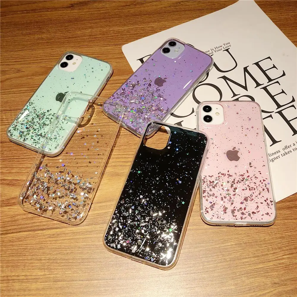 

LOVECOM Gradient Color Glitter Star Phone Case For iPhone 12 11 Pro Max 12 Mini R X XS Max 7 8 Plus Soft Epoxy Clear Back Cover