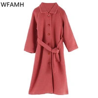 solid lace up mid long wool blend coats women casual single breasted loose winter woolen coats womens fashion warm outwears new