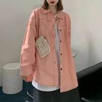 2021spring and autumn women shirts pink plain loose oversized blouses female tops loose bf korean style mid length all matchtops