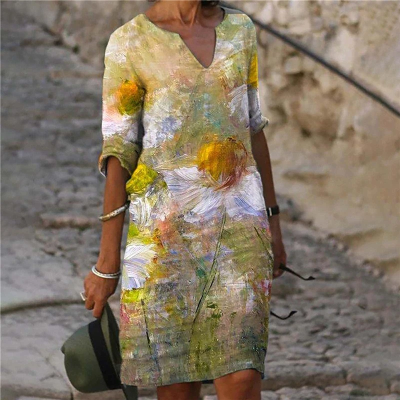 

Vintage Floral Printing Women Dress Summer V-Neck Half Sleeve A-Line Dresses Fashion Casual Loose Dresses Plus Size Vestidos