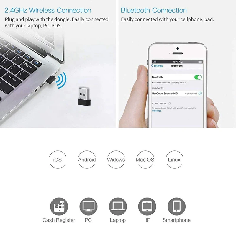 

Barcode Scanner 2.4G Wireless+Bluetooth+USB Wired Support Barcode and QR Code for iPhone iPad Tablet PC