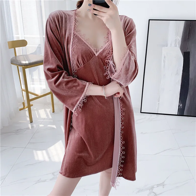 

Пикантная ночная рубашка, комплект золотистого цвета, бархатный халат, кардиган, пояс, кружевной банный халат, удобная домашняя одежда, осен...