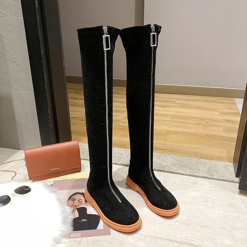 Женские сапоги выше колена удобные женские зимние из флока высокие до бедра