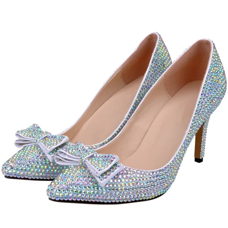 

Sexy Pumps Wedding Women Fetish Shoes Pointed Toe Rhinestones Sequined Cloth 8CM Thin High heels Slip On Butterfly-knot Bling