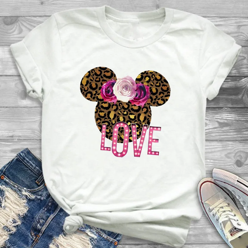 Милый Micky Mouse женская футболка Love с цветочным и леопардовым принтом Mikcy ушками