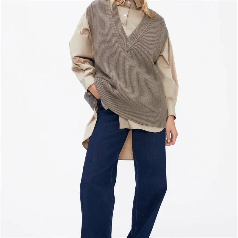 

Women 2021 Fashion With Ribbed Trims Oversized Long Knitted Vest Sweater Vintage Sleeveless Female Waistcoat Chic Tops