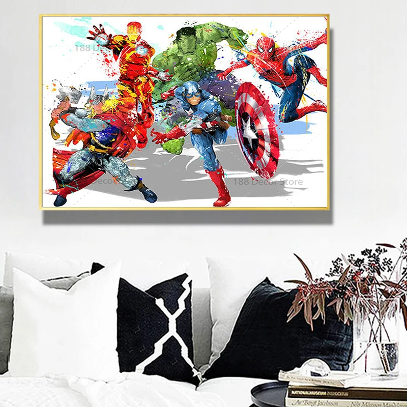 

Nordic Canvas Painting Mural Marvel Watercolor Superhero Avengers Movie Poster and Print Wall Art Picture for Children Room