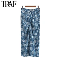 traf women fashion with knot printed front vent midi skirt vintage high waist back zipper female skirts mujer