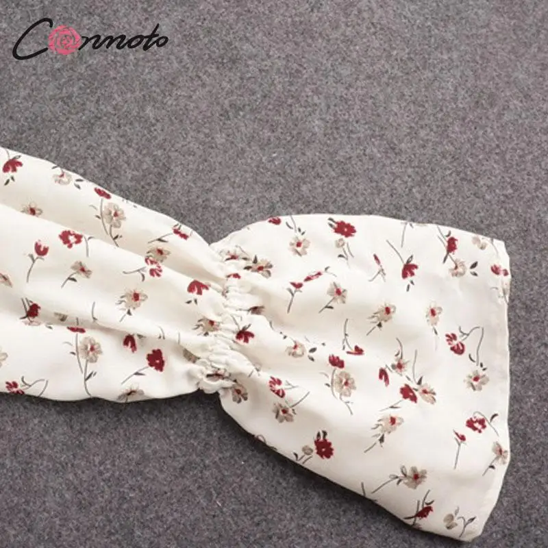 Conmoto Модные женские короткие топы с цветочным принтом и блузка женская Повседневная Праздничная короткая рубашка с длинными рукавами на шнуровке шикарный рукав-колокол