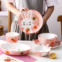 new adorable rabbit tableware childrens cartoon household bowl and spoon creative rice bowl breakfast plate ceramic tableware