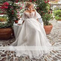 charming deep v neck weeding dress 2021 summer simple puff sleeves organza a line sweep train bride gown custom made for female