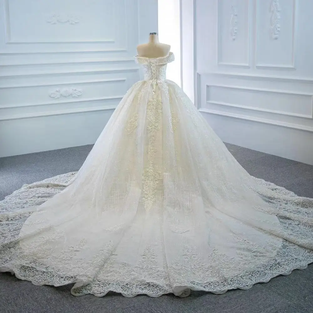 2021 Ultra Beautiful Ball Gown Wedding Dress Luxury Lace Sliver Spray Bridal Gown Long Train Lace Up Back Off Shoulder