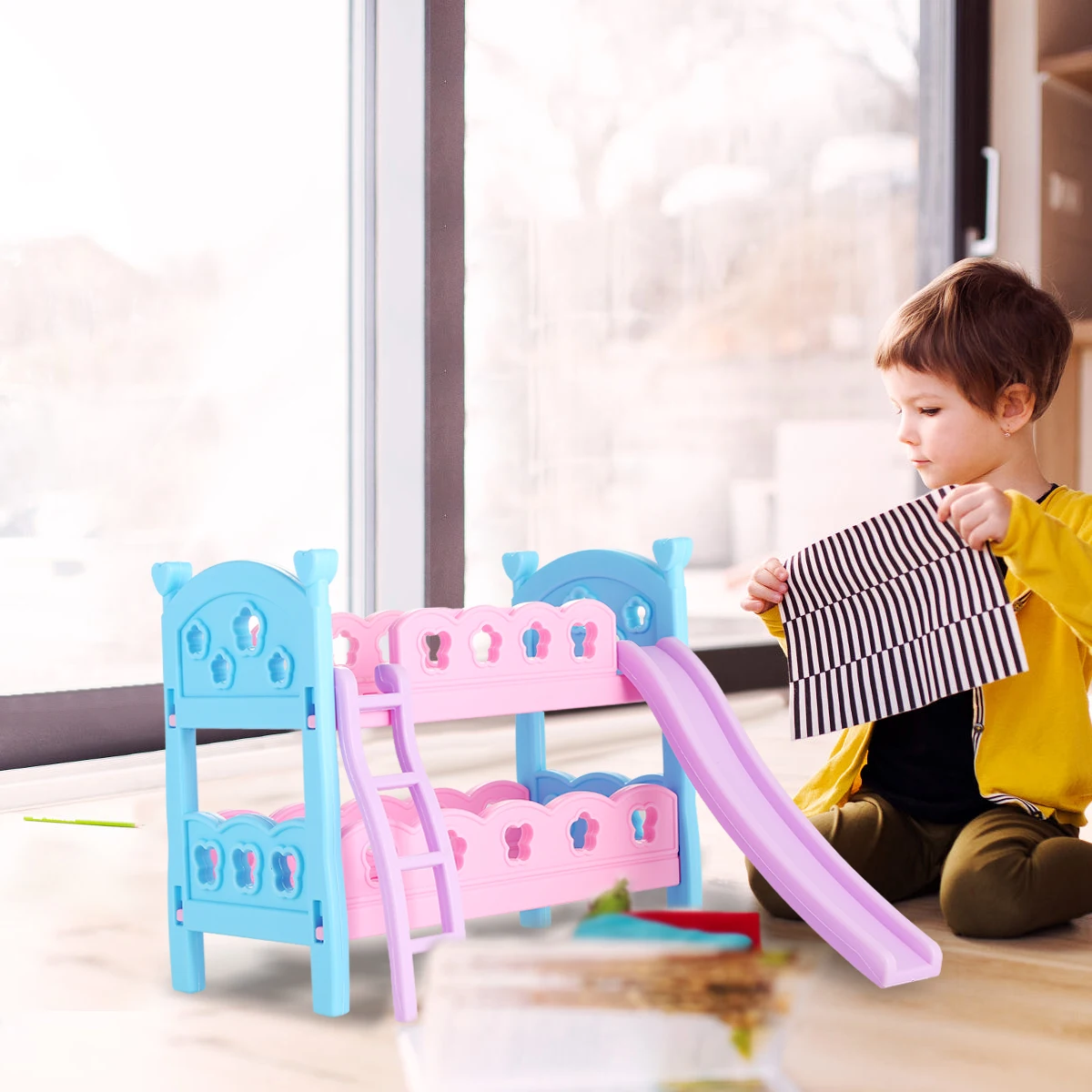 

2019 Cute Dolls House Furniture Plastic Bunk Bed Play House Toys Girl Gift Mini Doll house bed pretended toys for children