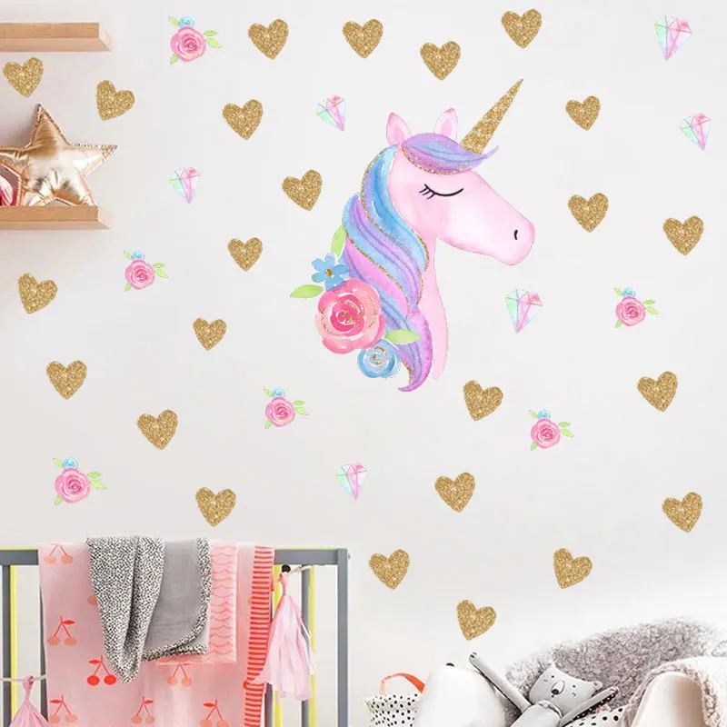 

Fantastic Unicorn Flowers Heart Shape Pattern Wall Stickers For Kids Bedroom Home Decoration Diy Animal Mural Art Pvc Decal