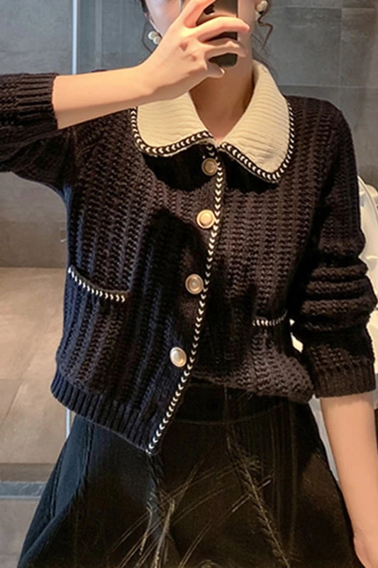 Single Breasted Navy Cardigan Mujer 2020 Autumn Winter Vintage Turn-down Collar Long Sleeve Sweater Women |