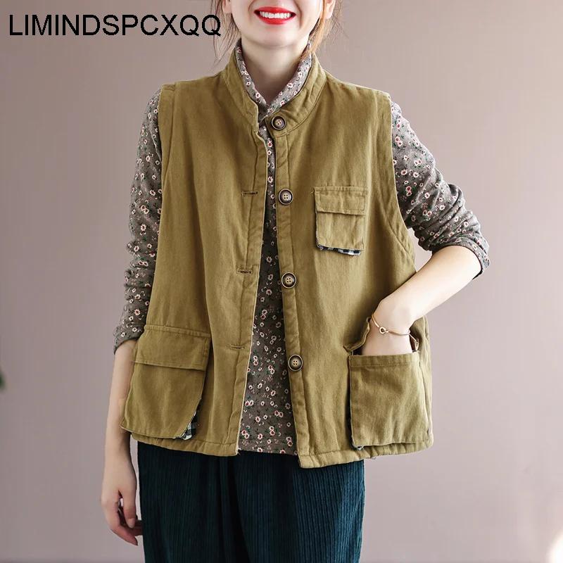 

Винтажный однотонный дизайнерский жилет для женщин, повседневное пальто с подкладкой в Корейском стиле, Свободные Теплые безрукавки с карм...