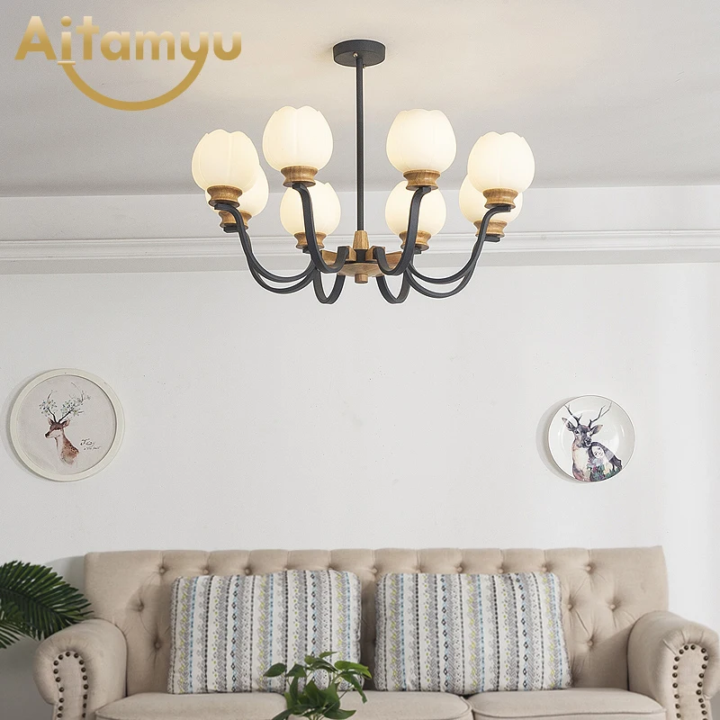 Nordic Wooden Chandelier Solid Wood LED Ceiling E27 With Glass Lampshade creative Lighting Fixtures Hanging Light | Лампы и освещение