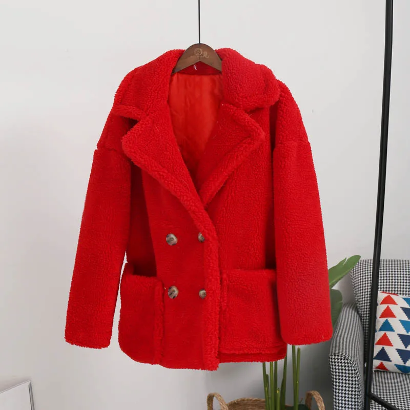 red teddy coat Негабаритный верблюжий искусственный мех плюшевый медведь куртка пальто для женщин Зимняя мода уличный стиль теплое пальто Верхняя одежда Пальто из овечьей шерсти - Цвет: red teddy coat