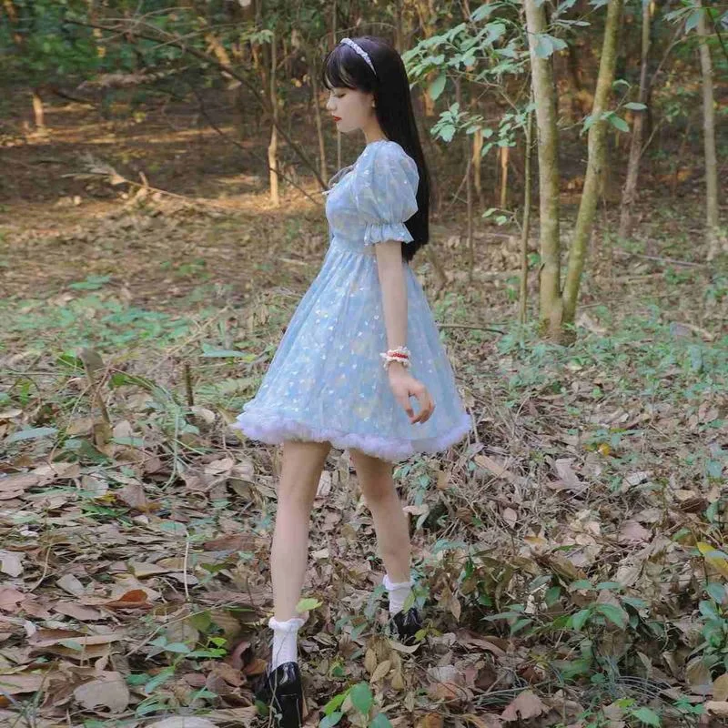 Мини-платье женское с принтом милое винтажное платье в японском стиле синего