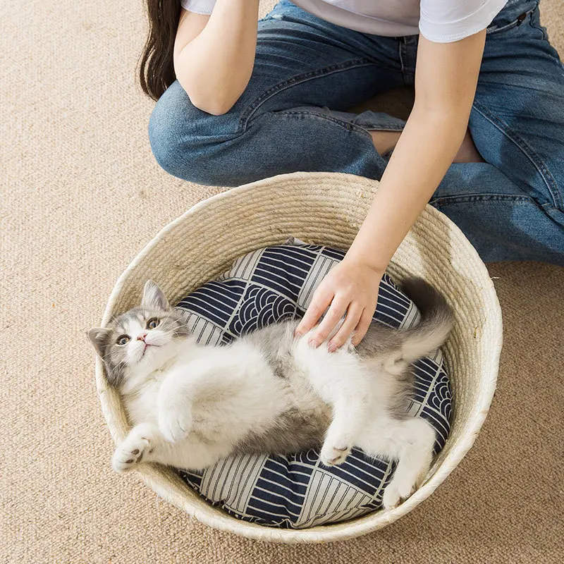 

Japanese Style Cat Bed Rattan Four-season Universal Cat Bed Woven Cat Bed Couch Basket Nest Summer Cool Nest Pet Cat Supplies#
