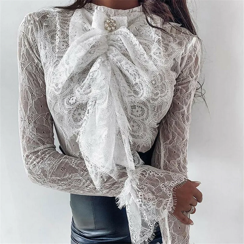 Женская прозрачная блузка с цветочным кружевом и бантом очаровательные вязаные