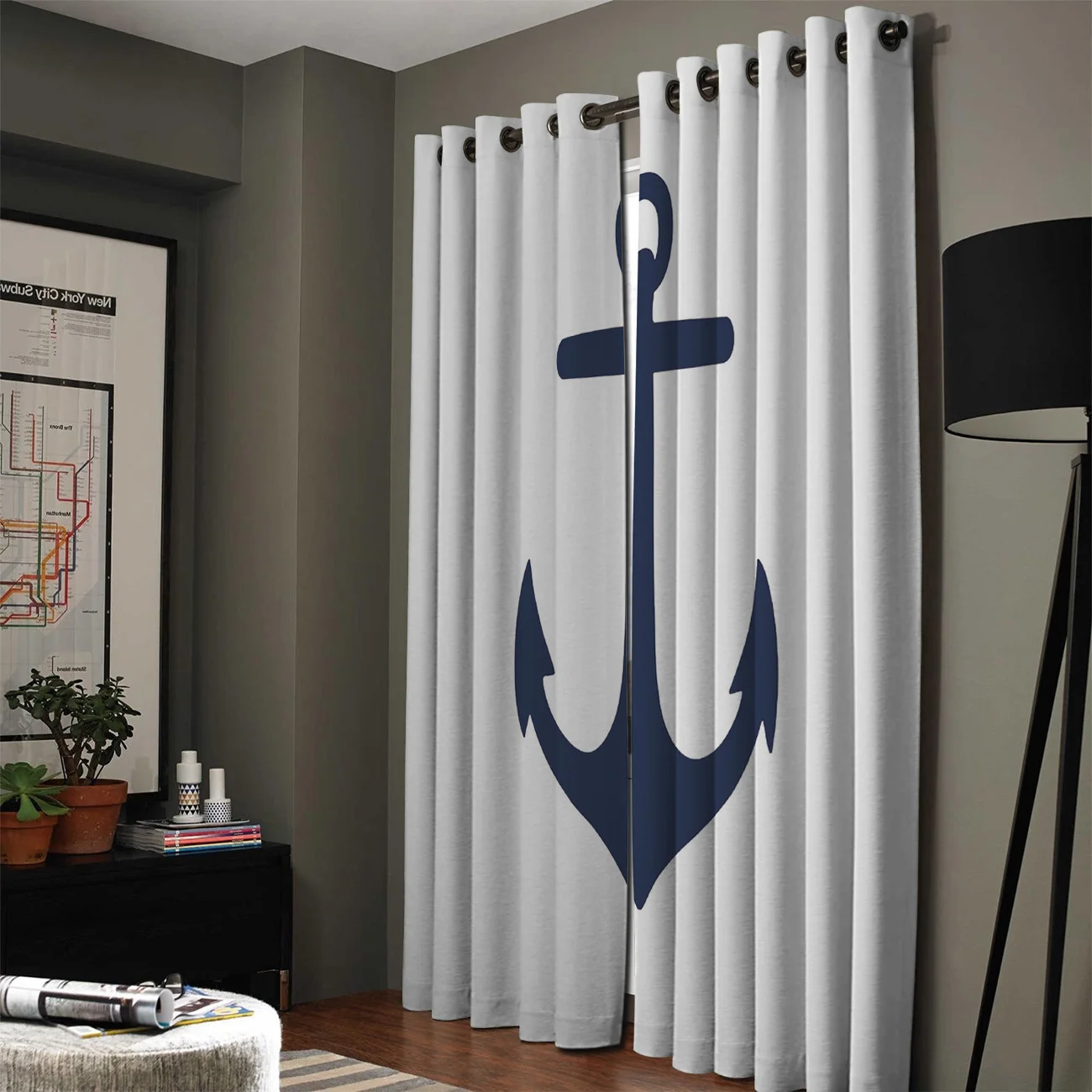 Занавески Якорные синие и белые для комнат большие шторы с цветами люверсами