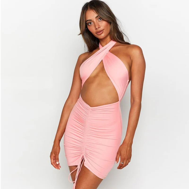 

2021 Summer Women's Dress Sexy Backless Suspender Hanging Neck Woman Slim Hollow Out Navel Dresses Casual Fashion Vacation