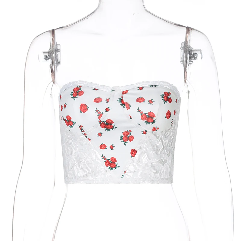 

Miss Thalia Fashion Floral Print Bustier Top Sexy Ladies Patchwork Lace White Corset Top Strapless Lace Up Crop Tops Adjustable